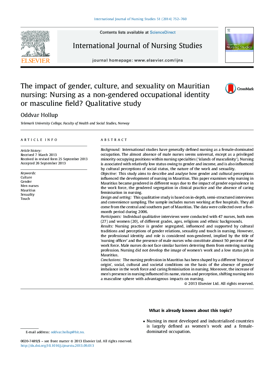 The impact of gender, culture, and sexuality on Mauritian nursing: Nursing as a non-gendered occupational identity or masculine field? Qualitative study