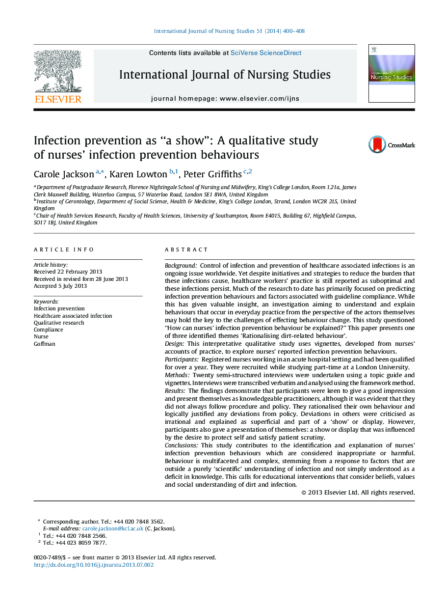 Infection prevention as “a show”: A qualitative study of nurses' infection prevention behaviours
