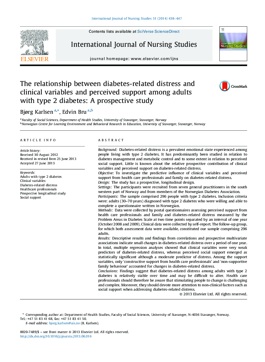 The relationship between diabetes-related distress and clinical variables and perceived support among adults with type 2 diabetes: A prospective study