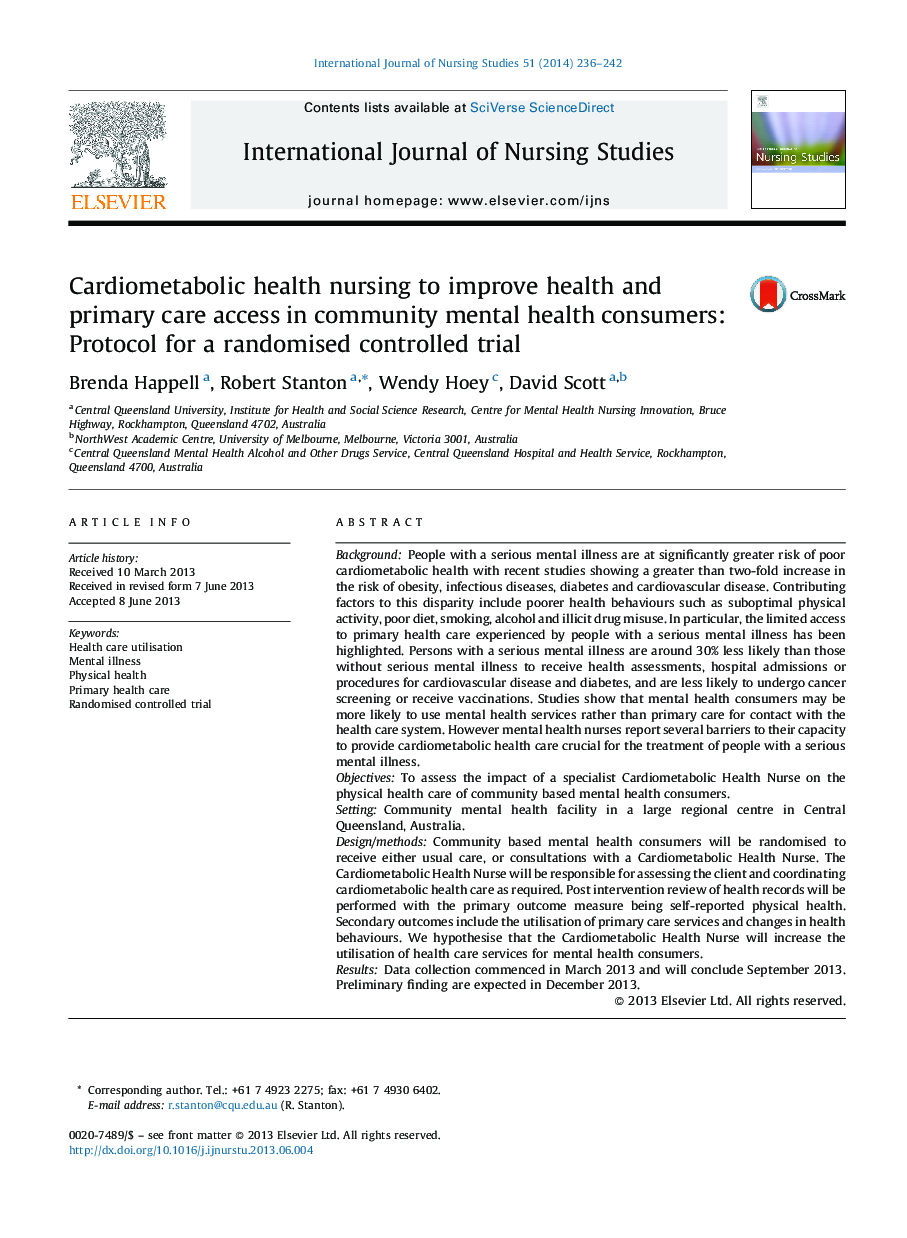 Cardiometabolic health nursing to improve health and primary care access in community mental health consumers: Protocol for a randomised controlled trial
