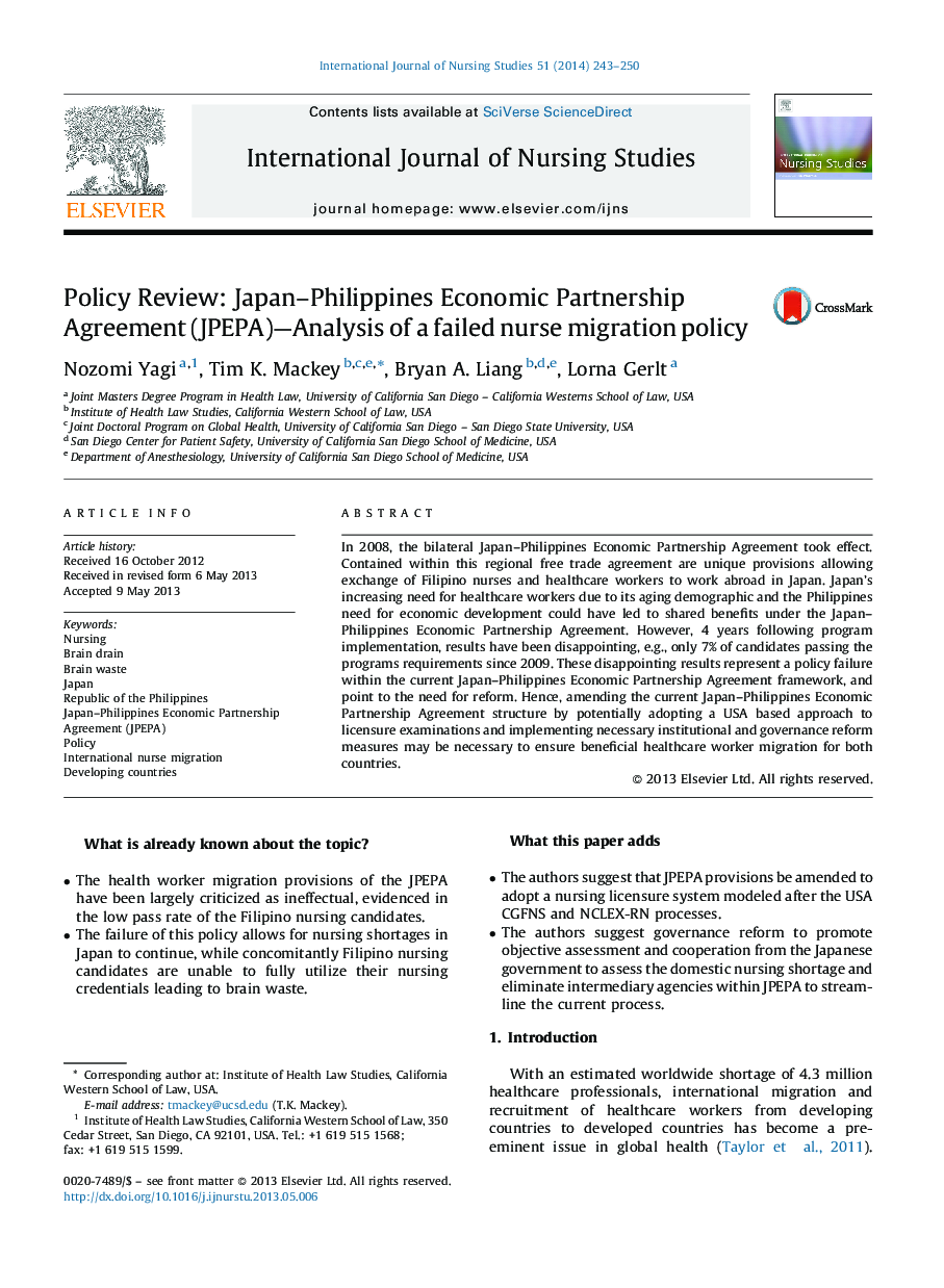 Policy Review: Japan-Philippines Economic Partnership Agreement (JPEPA)-Analysis of a failed nurse migration policy