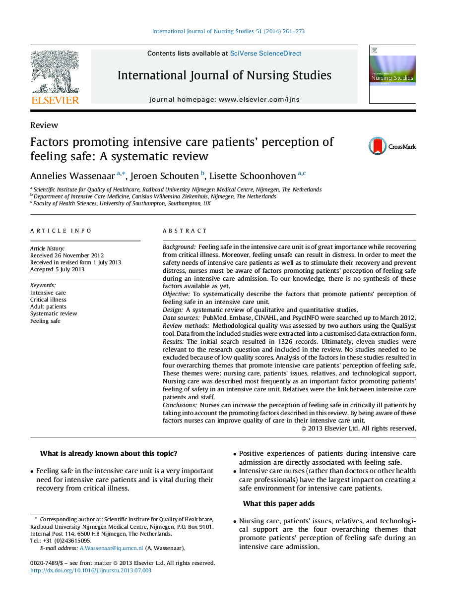 Factors promoting intensive care patients' perception of feeling safe: A systematic review