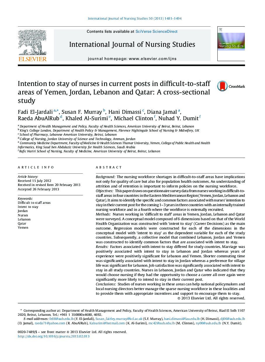 هدف قرار دادن پرستاران در پست های جاری در مناطق دشوار به کارکنان یمن، اردن، لبنان و قطر: یک مطالعه مقطعی 