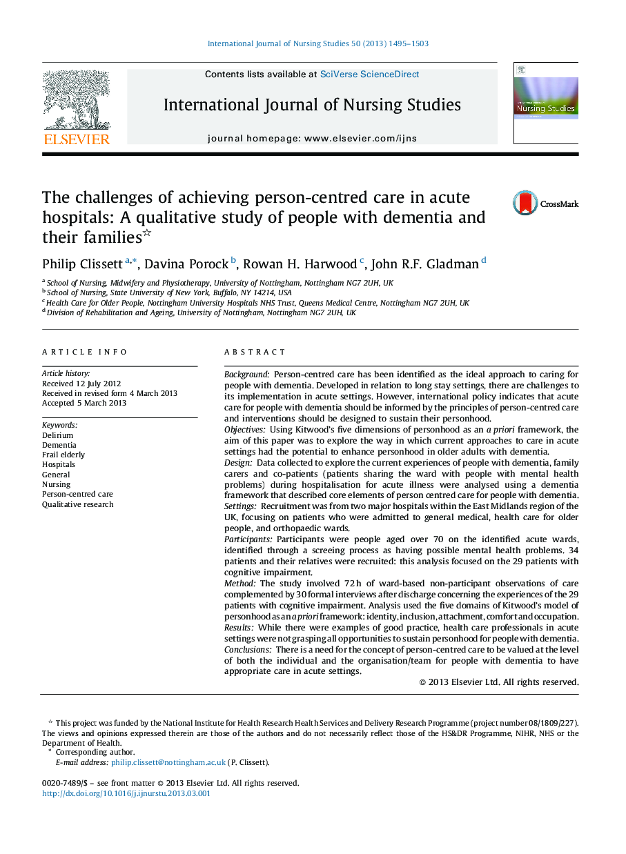 The challenges of achieving person-centred care in acute hospitals: A qualitative study of people with dementia and their families