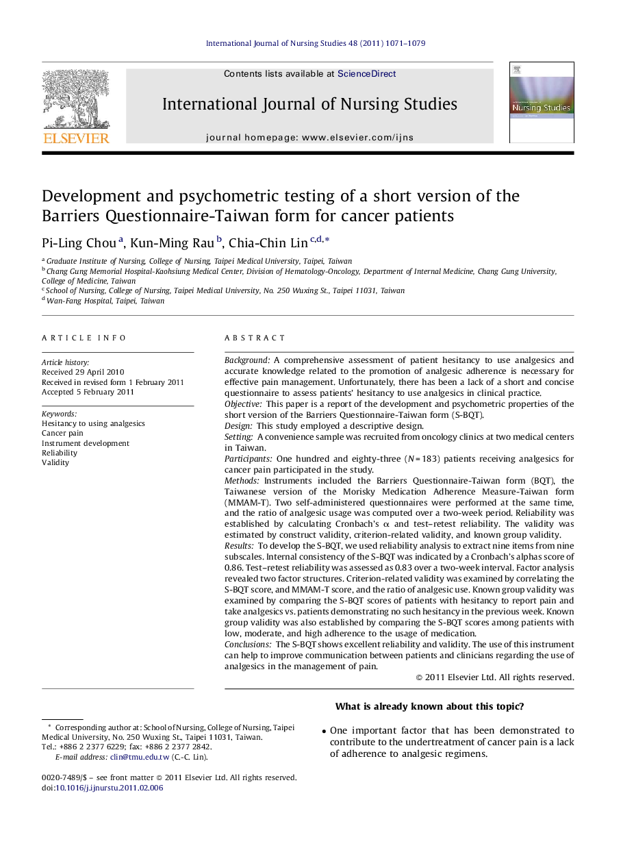 Development and psychometric testing of a short version of the Barriers Questionnaire-Taiwan form for cancer patients