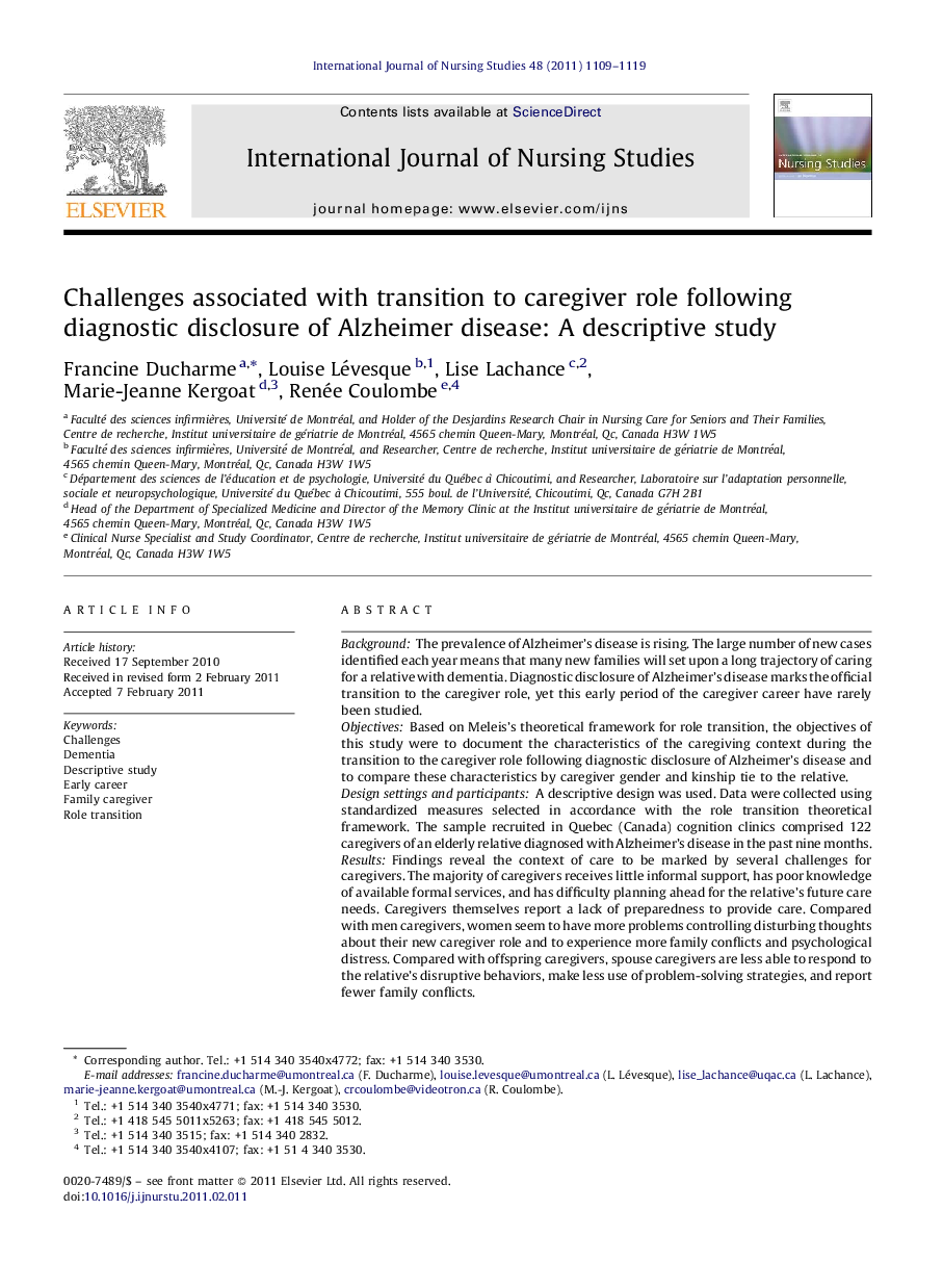 Challenges associated with transition to caregiver role following diagnostic disclosure of Alzheimer disease: A descriptive study