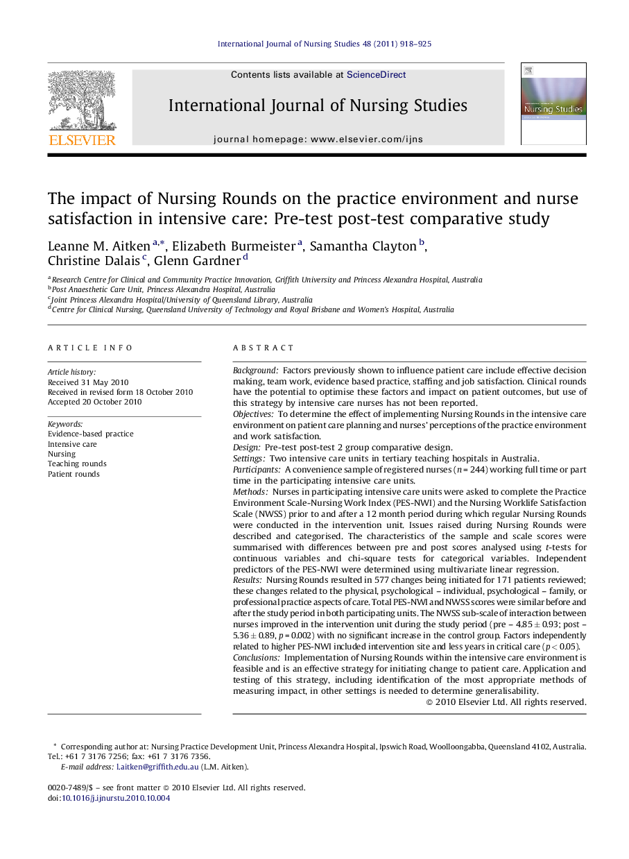 The impact of Nursing Rounds on the practice environment and nurse satisfaction in intensive care: Pre-test post-test comparative study