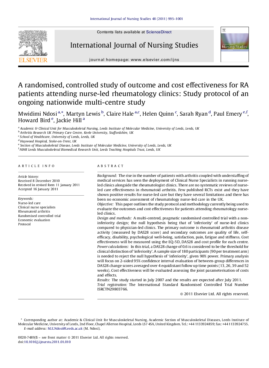 A randomised, controlled study of outcome and cost effectiveness for RA patients attending nurse-led rheumatology clinics: Study protocol of an ongoing nationwide multi-centre study