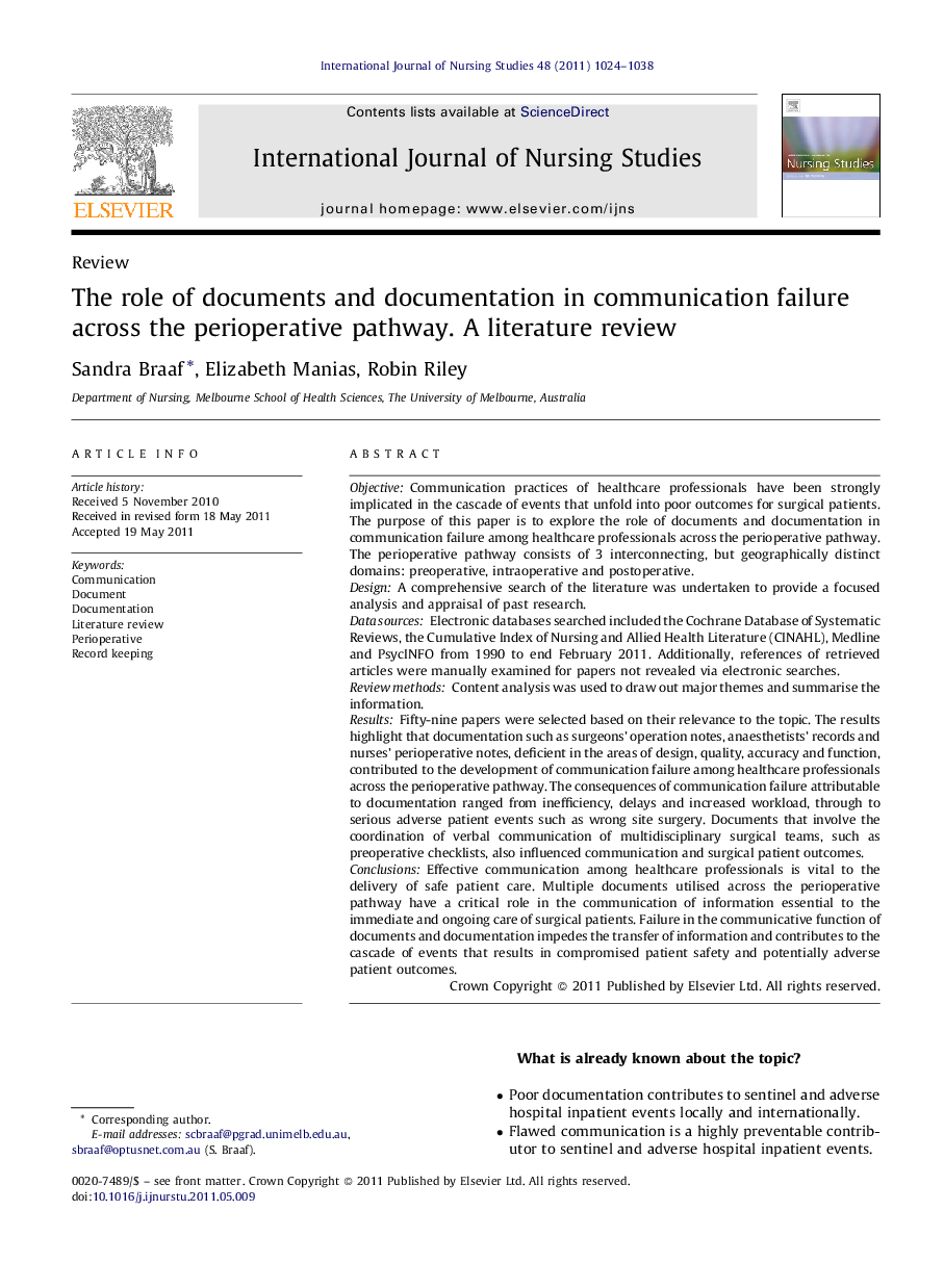 The role of documents and documentation in communication failure across the perioperative pathway. A literature review