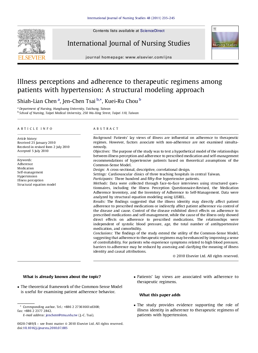 Illness perceptions and adherence to therapeutic regimens among patients with hypertension: A structural modeling approach