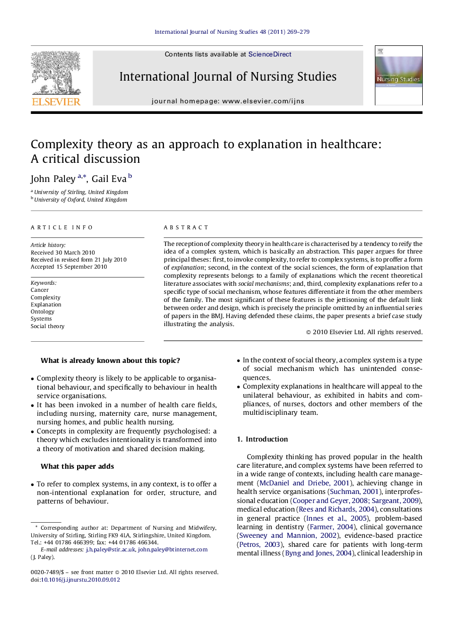 Complexity theory as an approach to explanation in healthcare: A critical discussion