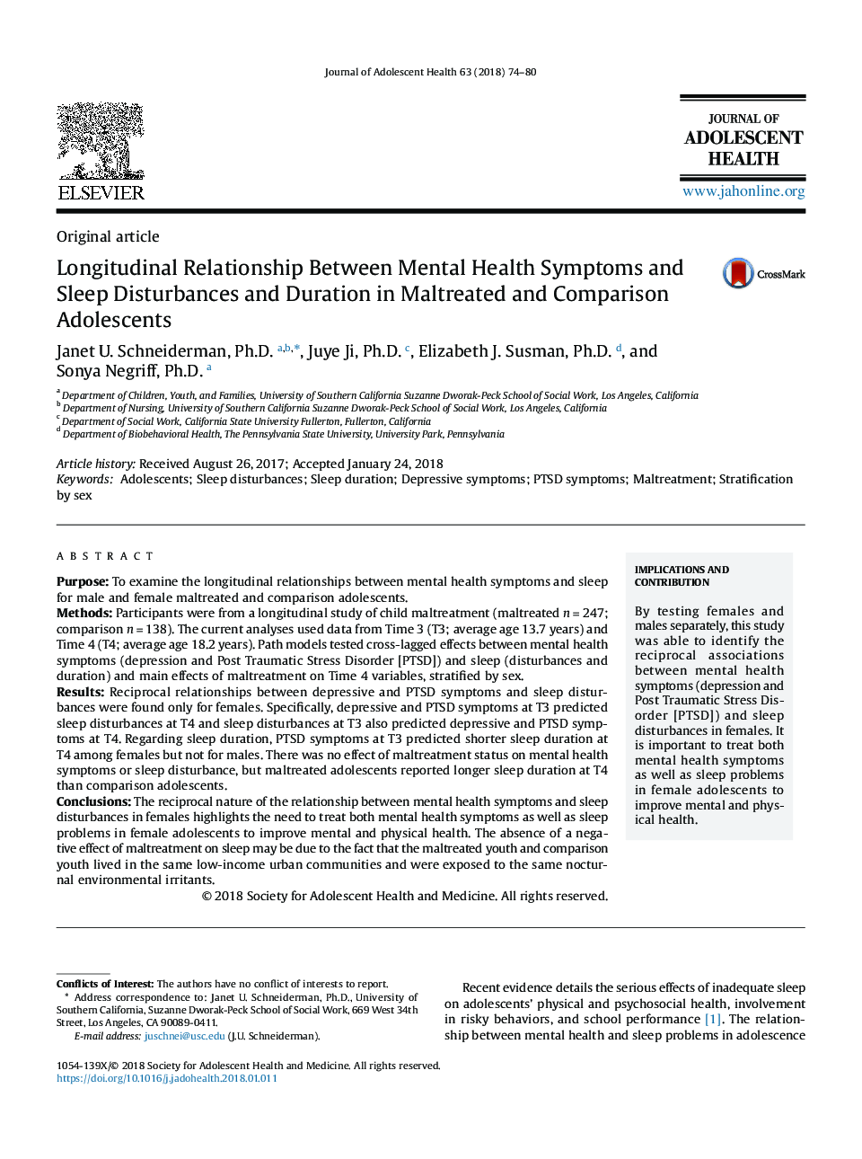 Longitudinal Relationship Between Mental Health Symptoms and Sleep Disturbances and Duration in Maltreated and Comparison Adolescents