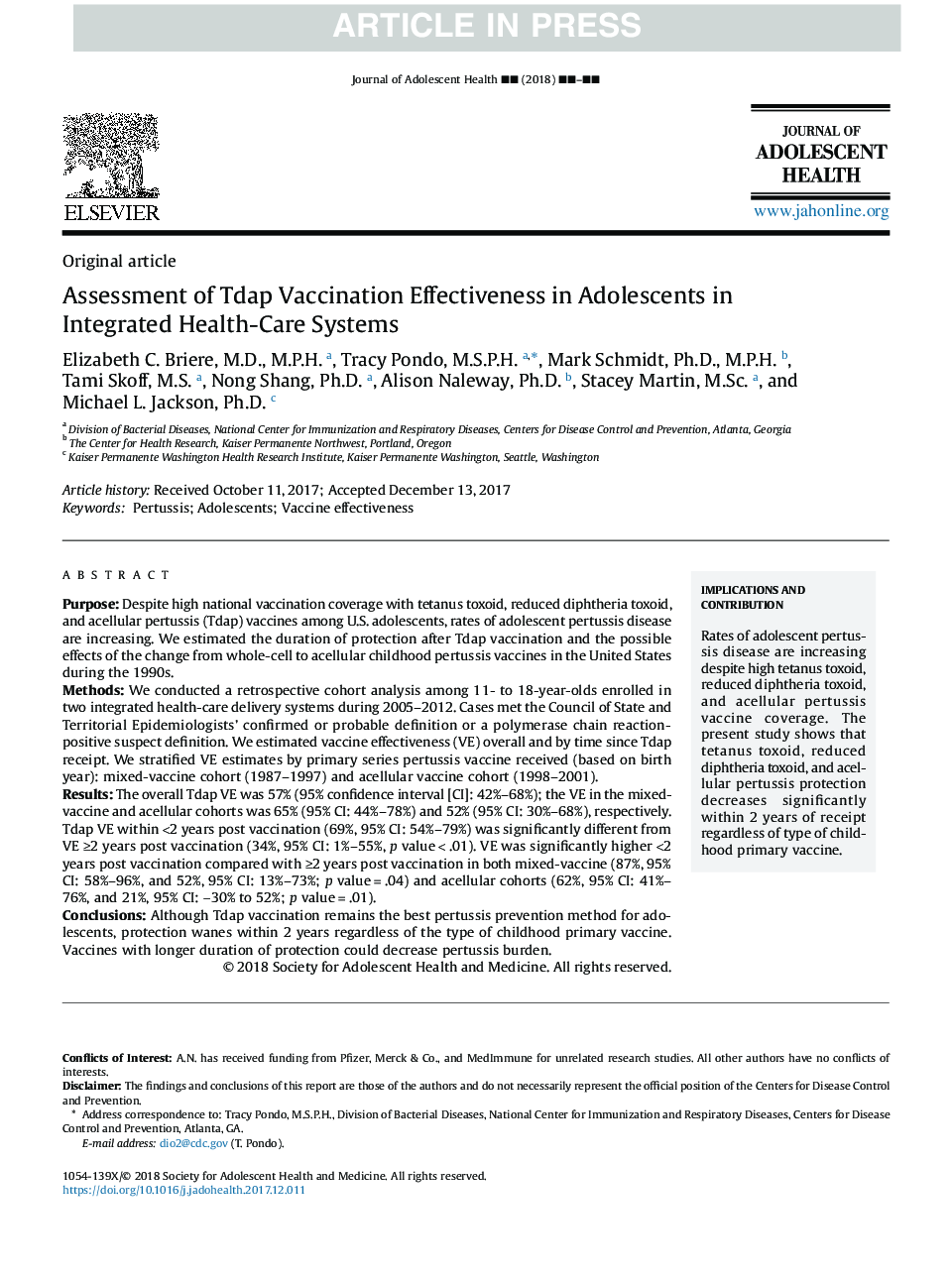 Assessment of Tdap Vaccination Effectiveness in Adolescents in Integrated Health-Care Systems