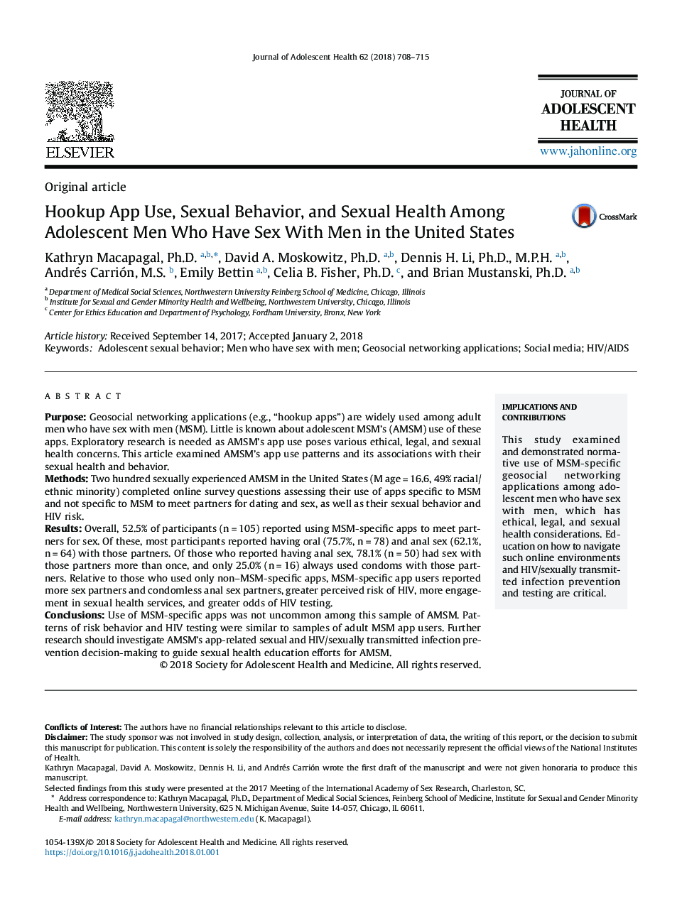 Hookup App Use, Sexual Behavior, and Sexual Health Among Adolescent Men Who Have Sex With Men in the United States