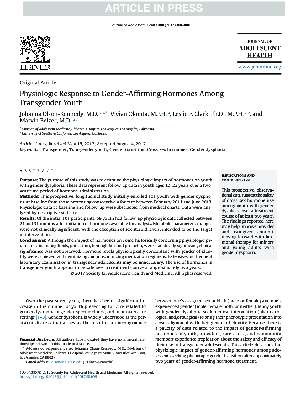 Physiologic Response to Gender-Affirming Hormones Among Transgender Youth