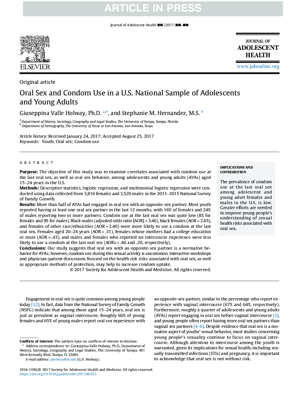Oral Sex and Condom Use in a U.S. National Sample of Adolescents and Young Adults