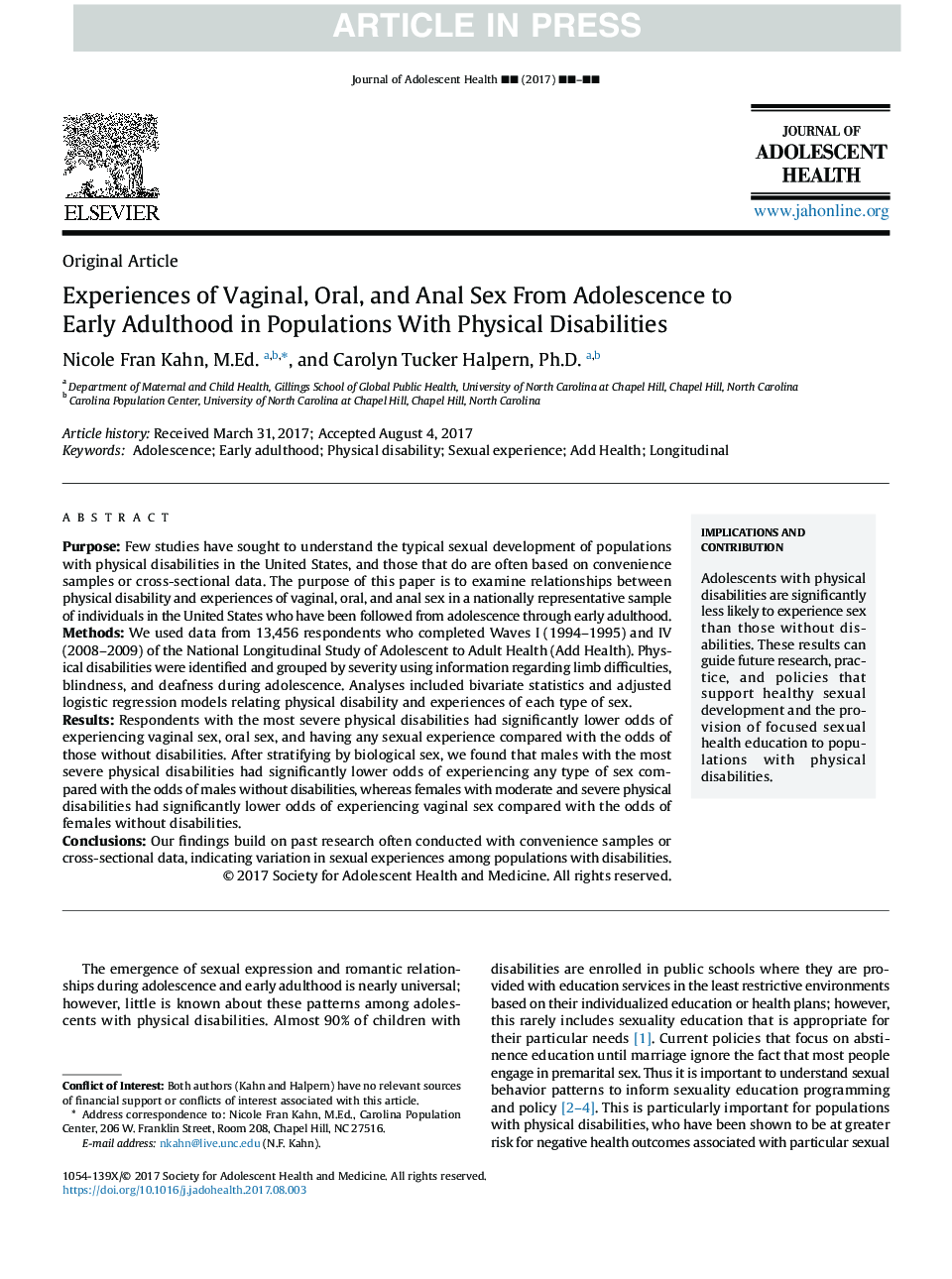 Experiences of Vaginal, Oral, and Anal Sex From Adolescence to Early Adulthood in Populations With Physical Disabilities