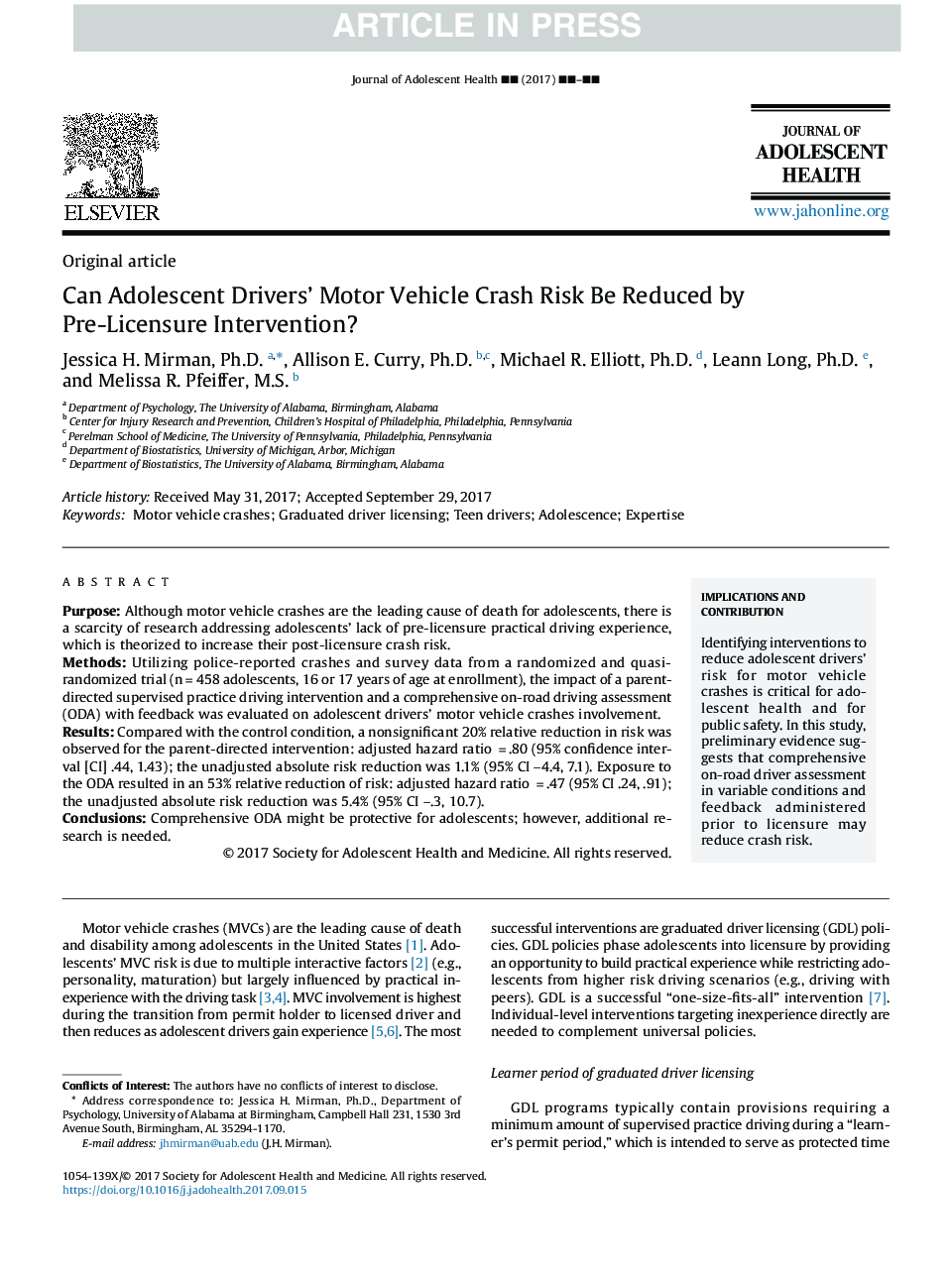 Can Adolescent Drivers' Motor Vehicle Crash Risk Be Reduced by Pre-Licensure Intervention?