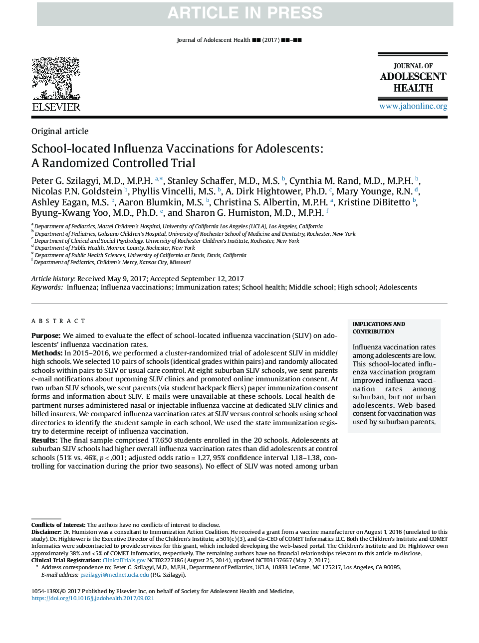 School-located Influenza Vaccinations for Adolescents: A Randomized Controlled Trial