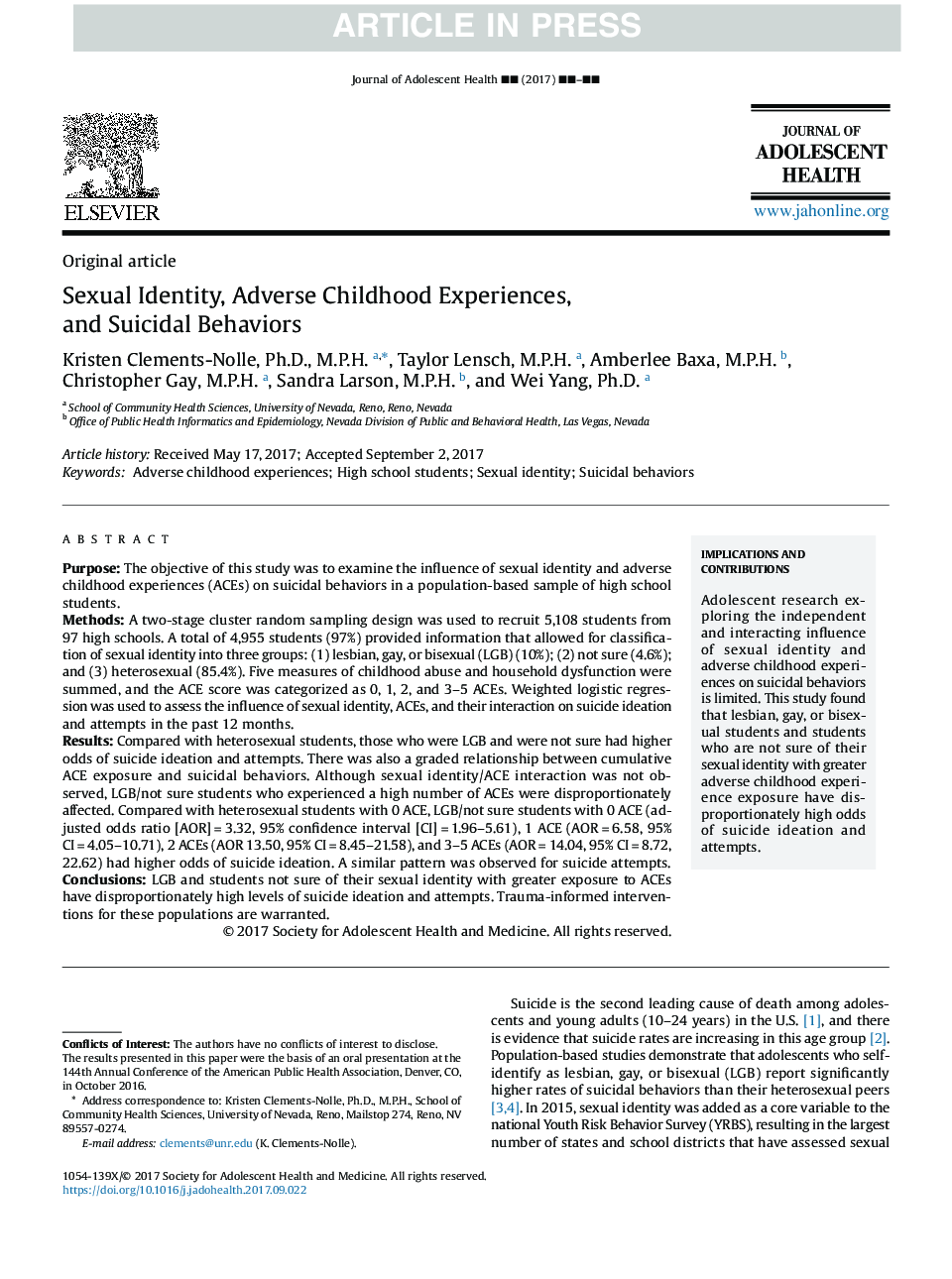 Sexual Identity, Adverse Childhood Experiences, and Suicidal Behaviors