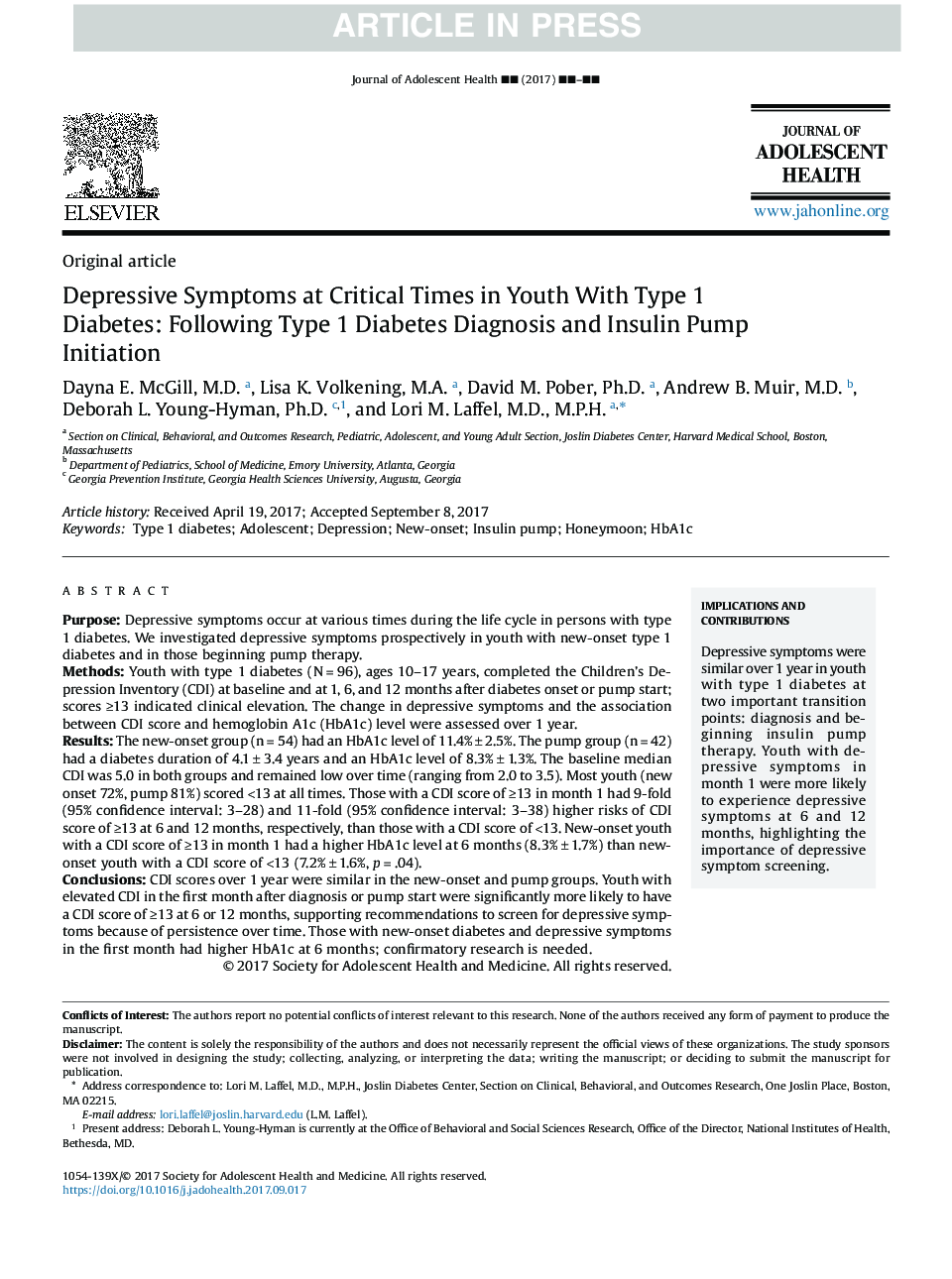 علائم افسردگی در زمان بحرانی در جوانان مبتلا به دیابت نوع 1: پس از تشخیص دیابت نوع 1 و شروع پمپ انسولین 