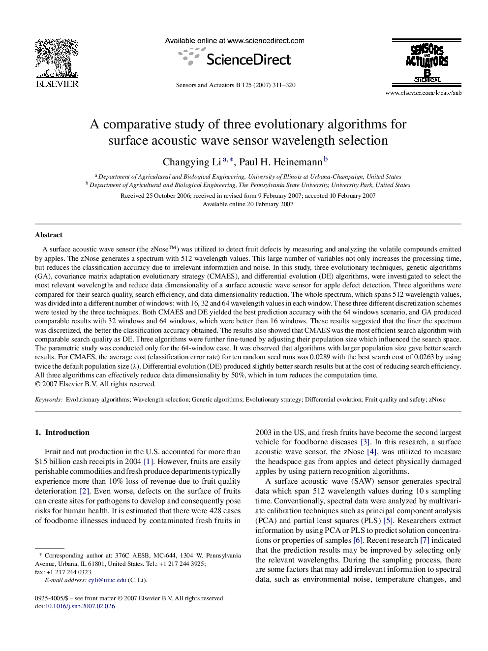 A comparative study of three evolutionary algorithms for surface acoustic wave sensor wavelength selection