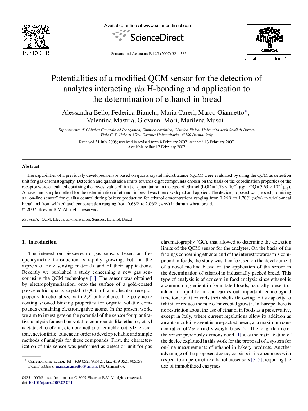 Potentialities of a modified QCM sensor for the detection of analytes interacting via H-bonding and application to the determination of ethanol in bread