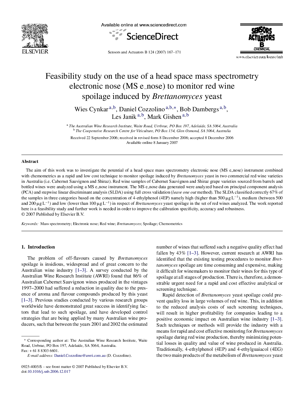 Feasibility study on the use of a head space mass spectrometry electronic nose (MS e_nose) to monitor red wine spoilage induced by Brettanomyces yeast