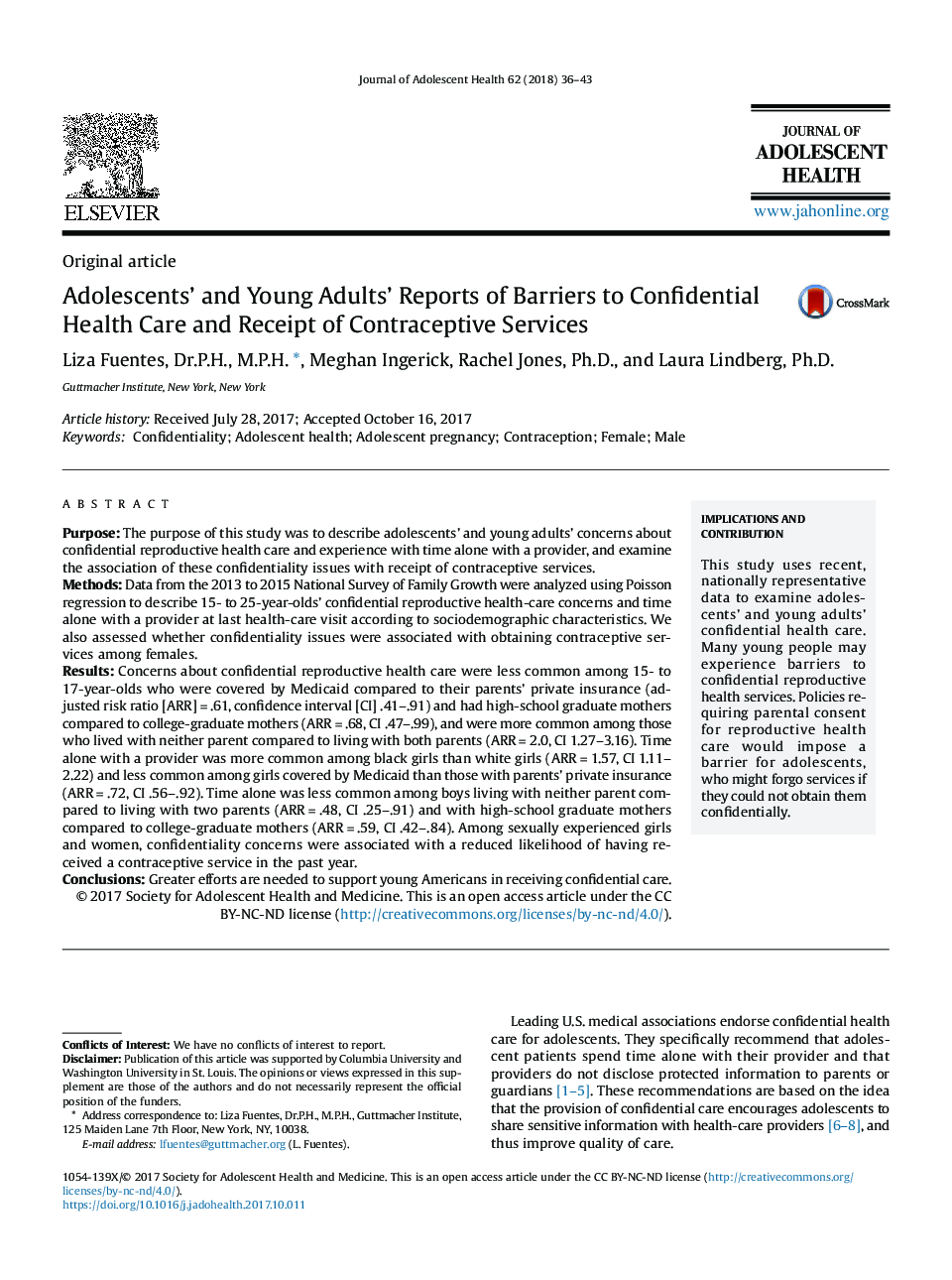 Adolescents' and Young Adults' Reports of Barriers to Confidential Health Care and Receipt of Contraceptive Services