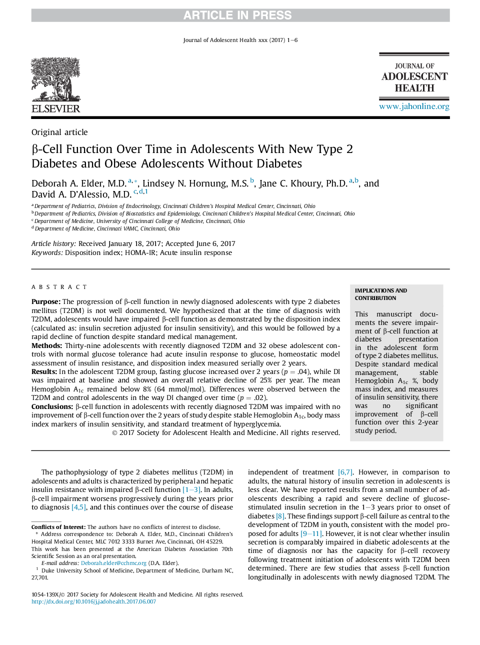 Î²-Cell Function Over Time in Adolescents With New Type 2 Diabetes and Obese Adolescents Without Diabetes