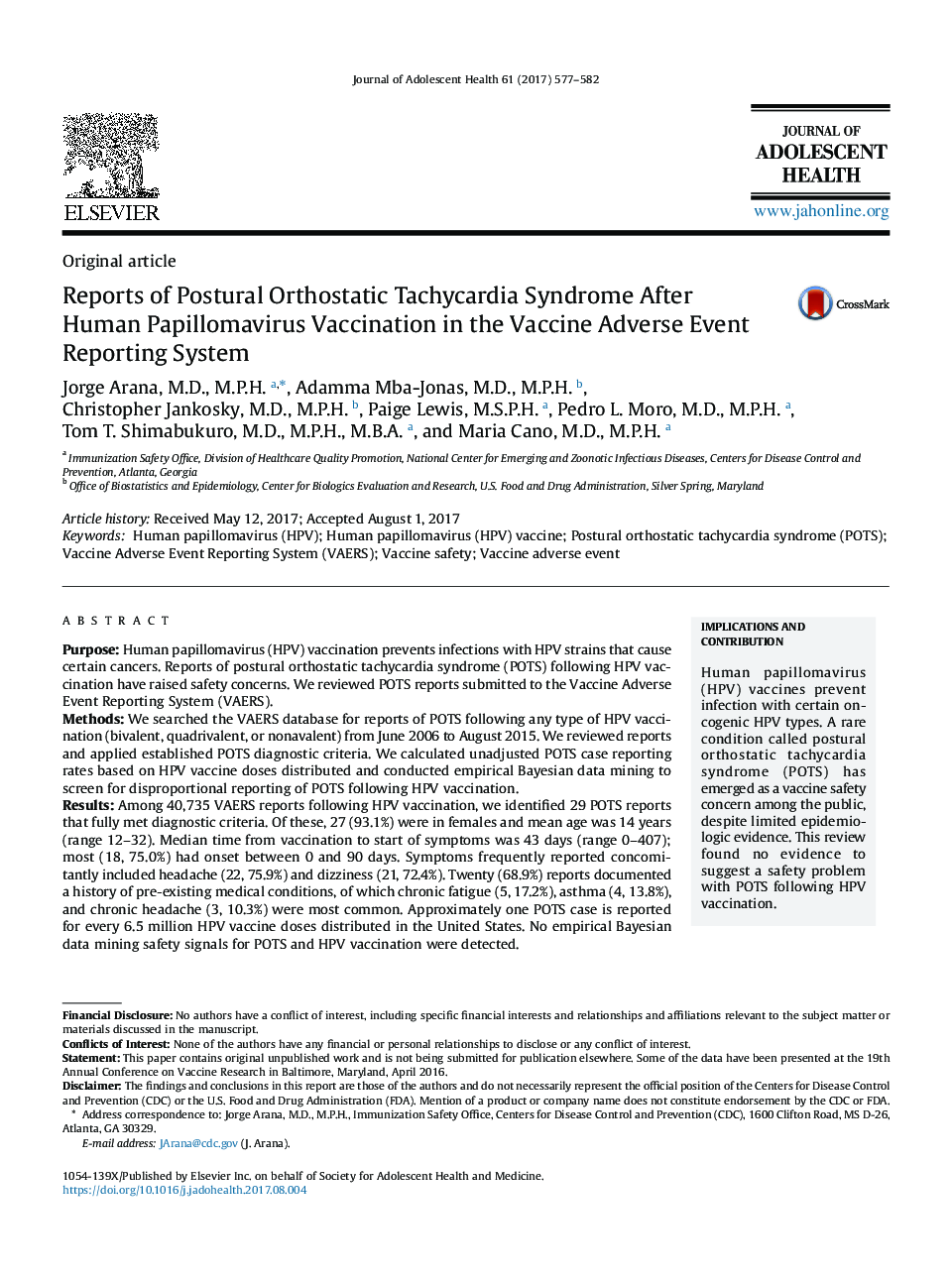 Reports of Postural Orthostatic Tachycardia Syndrome After Human Papillomavirus Vaccination in the Vaccine Adverse Event Reporting System