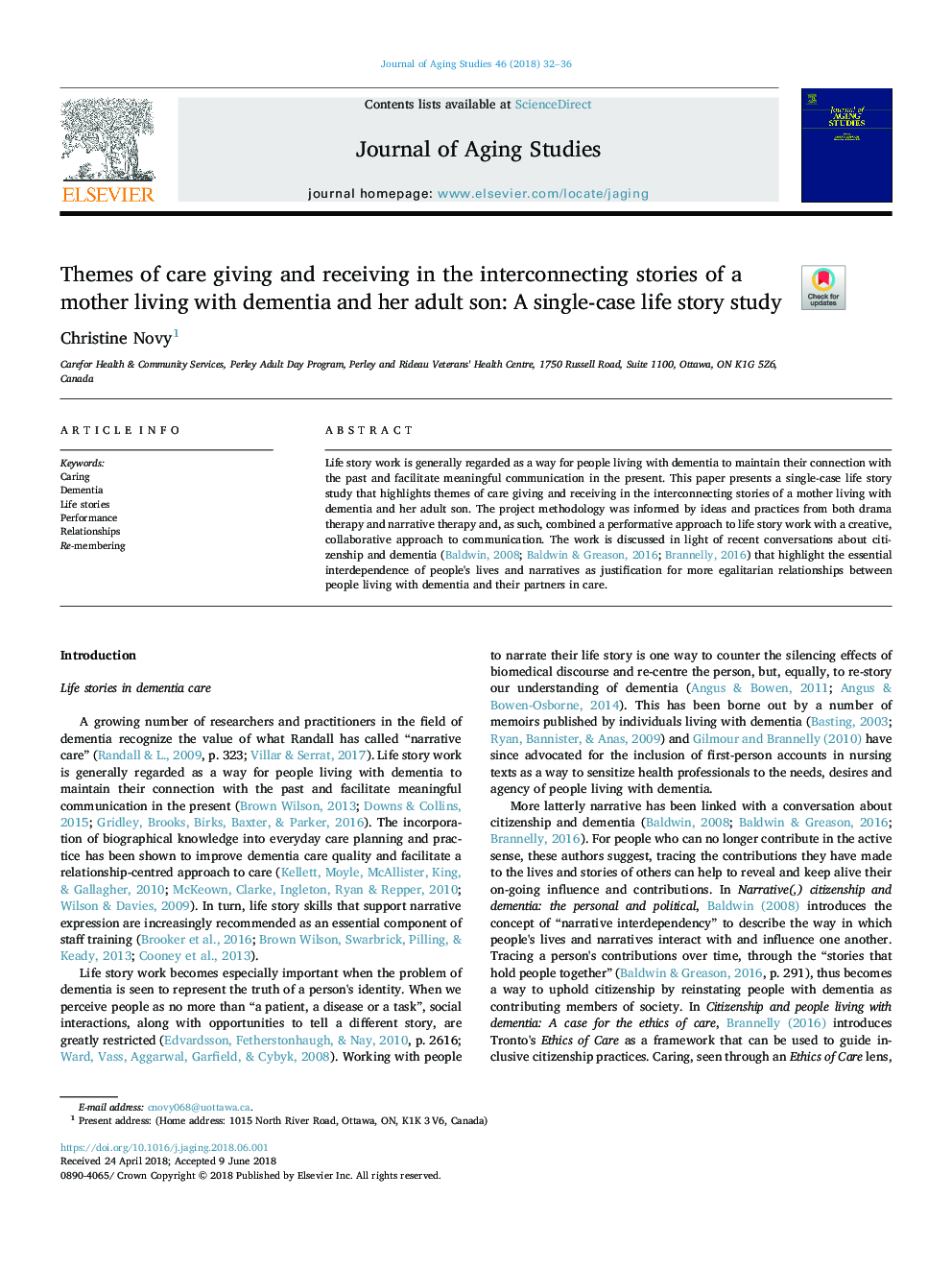 Themes of care giving and receiving in the interconnecting stories of a mother living with dementia and her adult son: A single-case life story study
