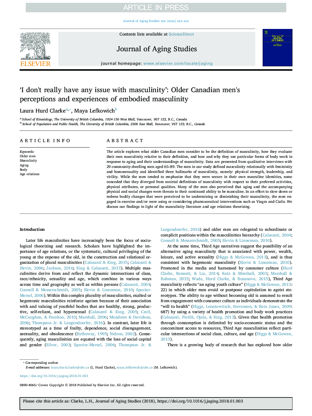 'I don't really have any issue with masculinity': Older Canadian men's perceptions and experiences of embodied masculinity