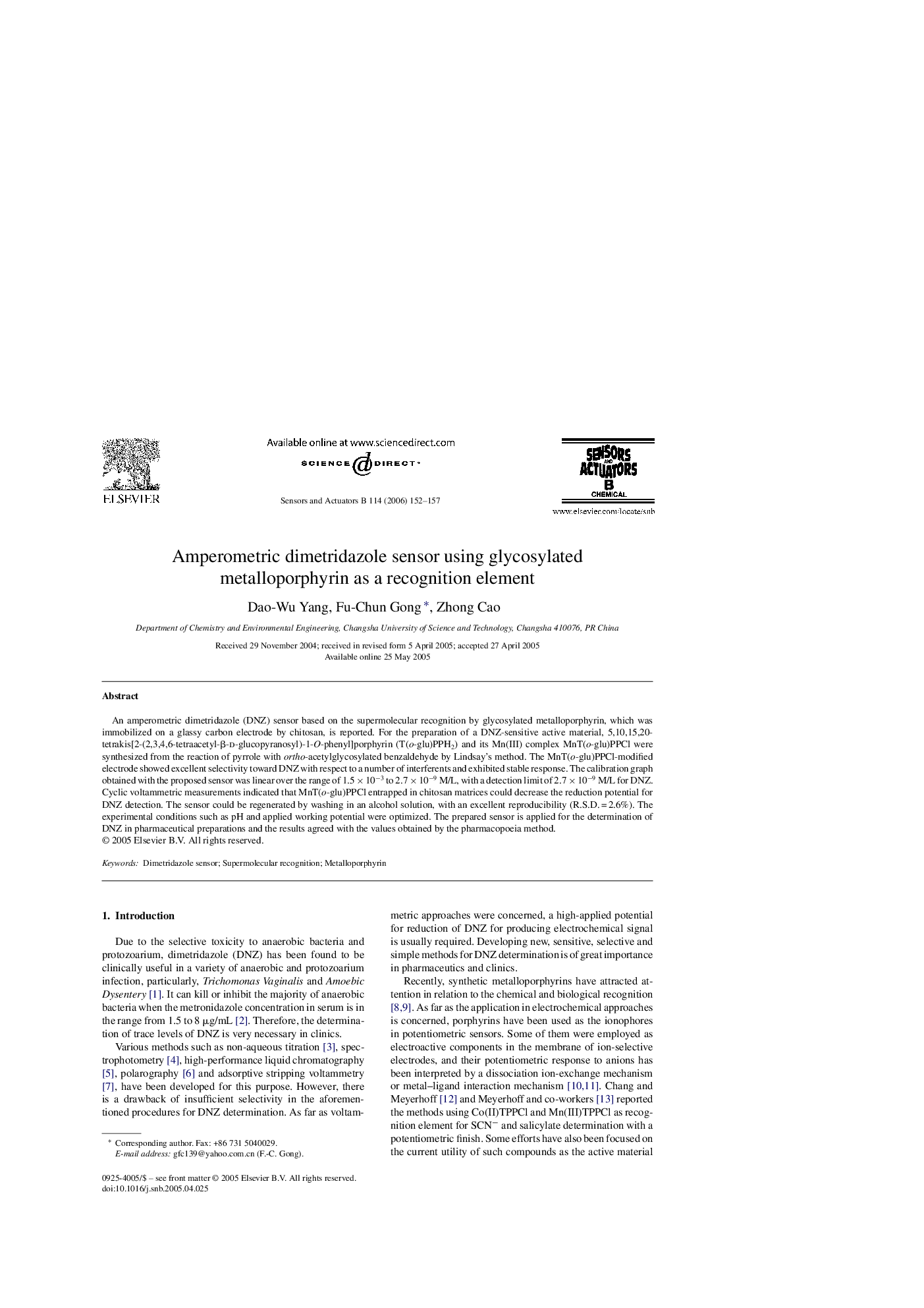 Amperometric dimetridazole sensor using glycosylated metalloporphyrin as a recognition element