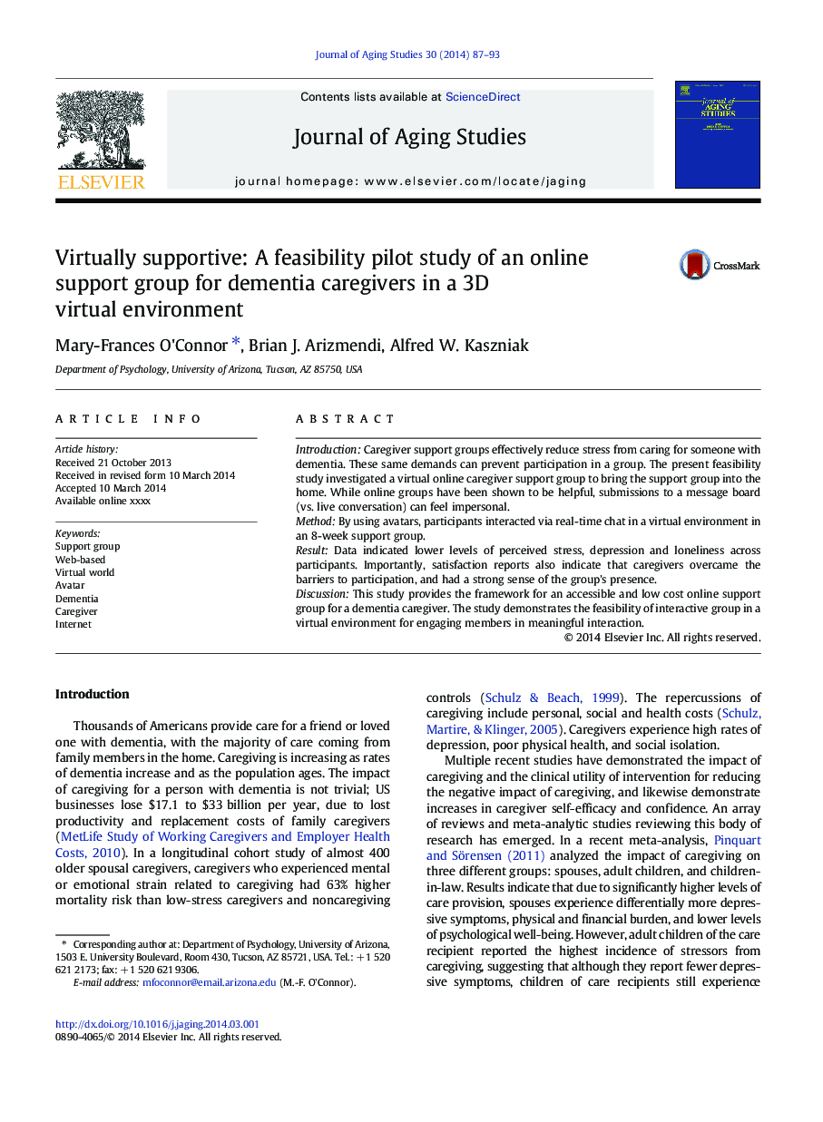 Virtually supportive: A feasibility pilot study of an online support group for dementia caregivers in a 3D virtual environment