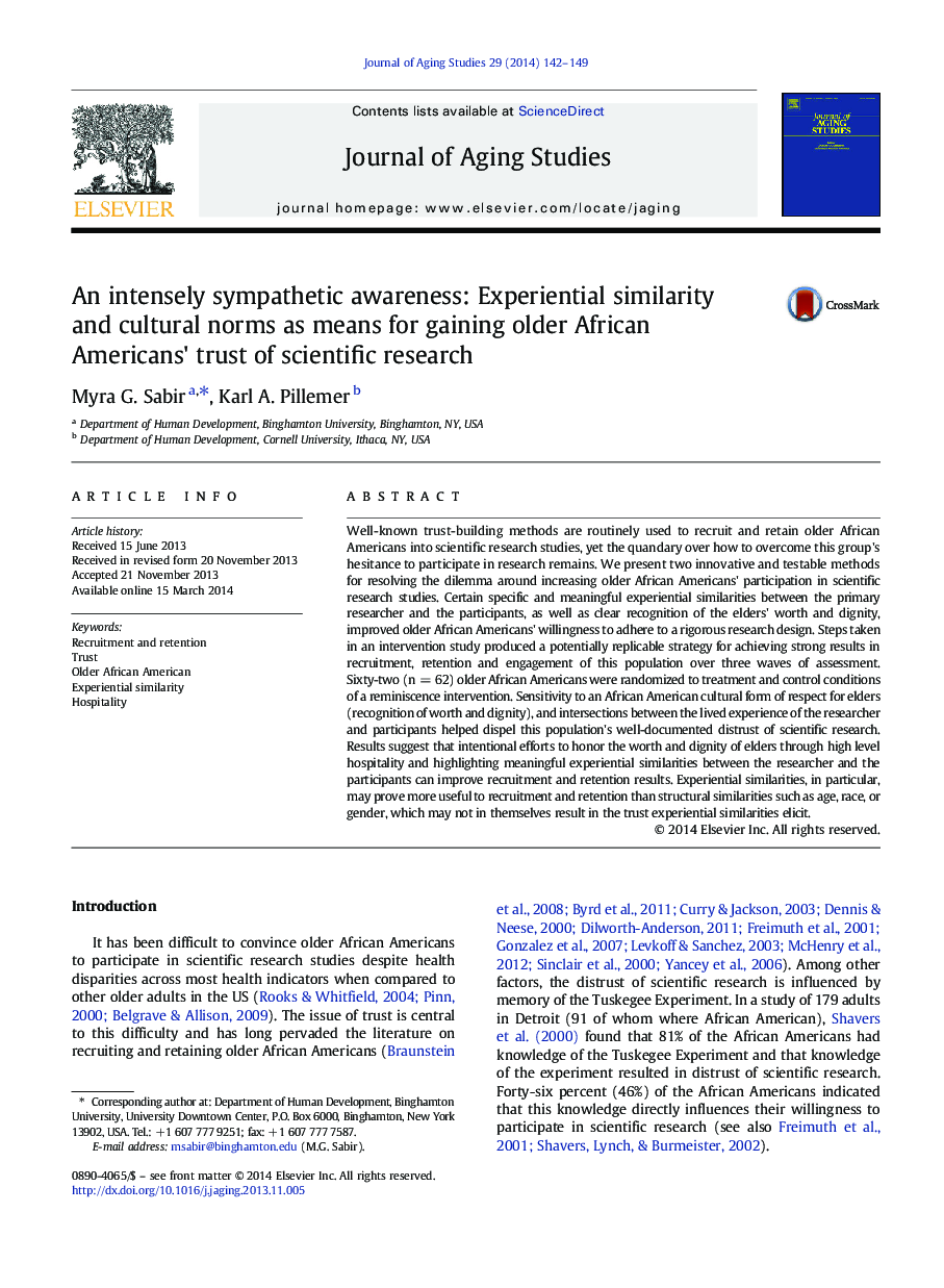 An intensely sympathetic awareness: Experiential similarity and cultural norms as means for gaining older African Americans' trust of scientific research