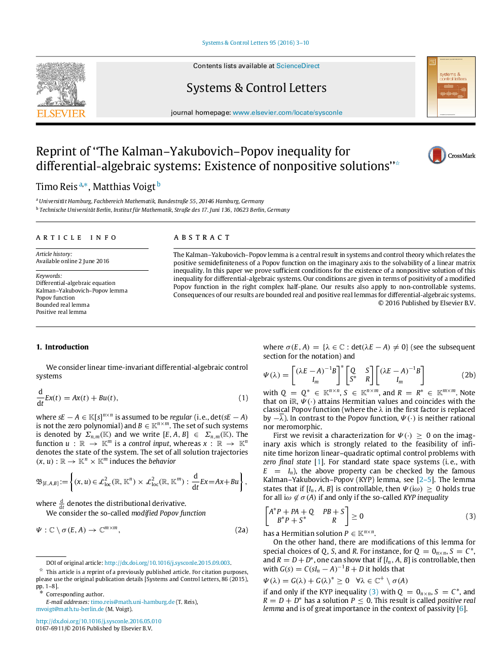 Reprint of “The Kalman–Yakubovich–Popov inequality for differential-algebraic systems: Existence of nonpositive solutions” 