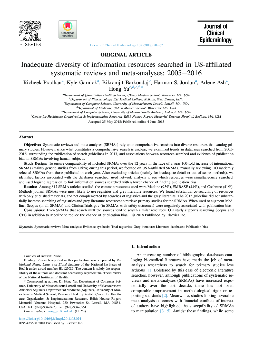 Inadequate diversity of information resources searched in US-affiliated systematic reviews and meta-analyses: 2005-2016