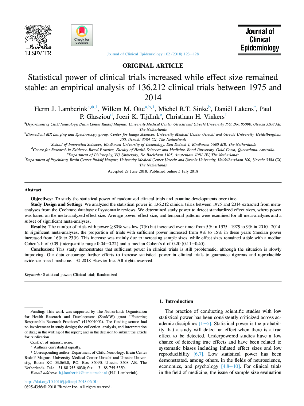 Statistical power of clinical trials increased while effect size remained stable: an empirical analysis of 136,212 clinical trials between 1975 and 2014