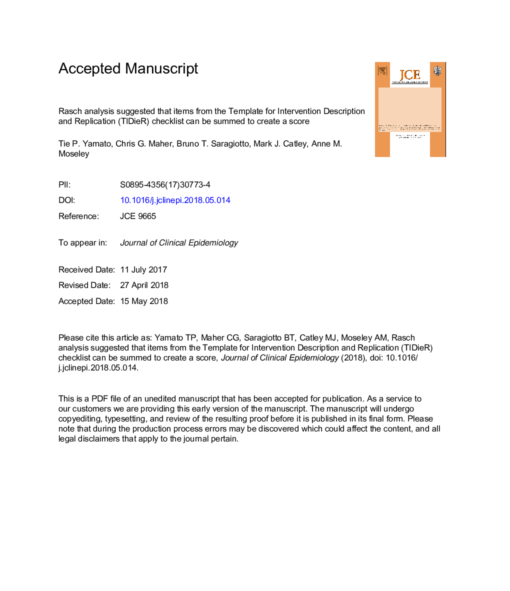 Rasch analysis suggested that items from the template for interventionÂ description and replication (TIDieR) checklist can be summed to create a score