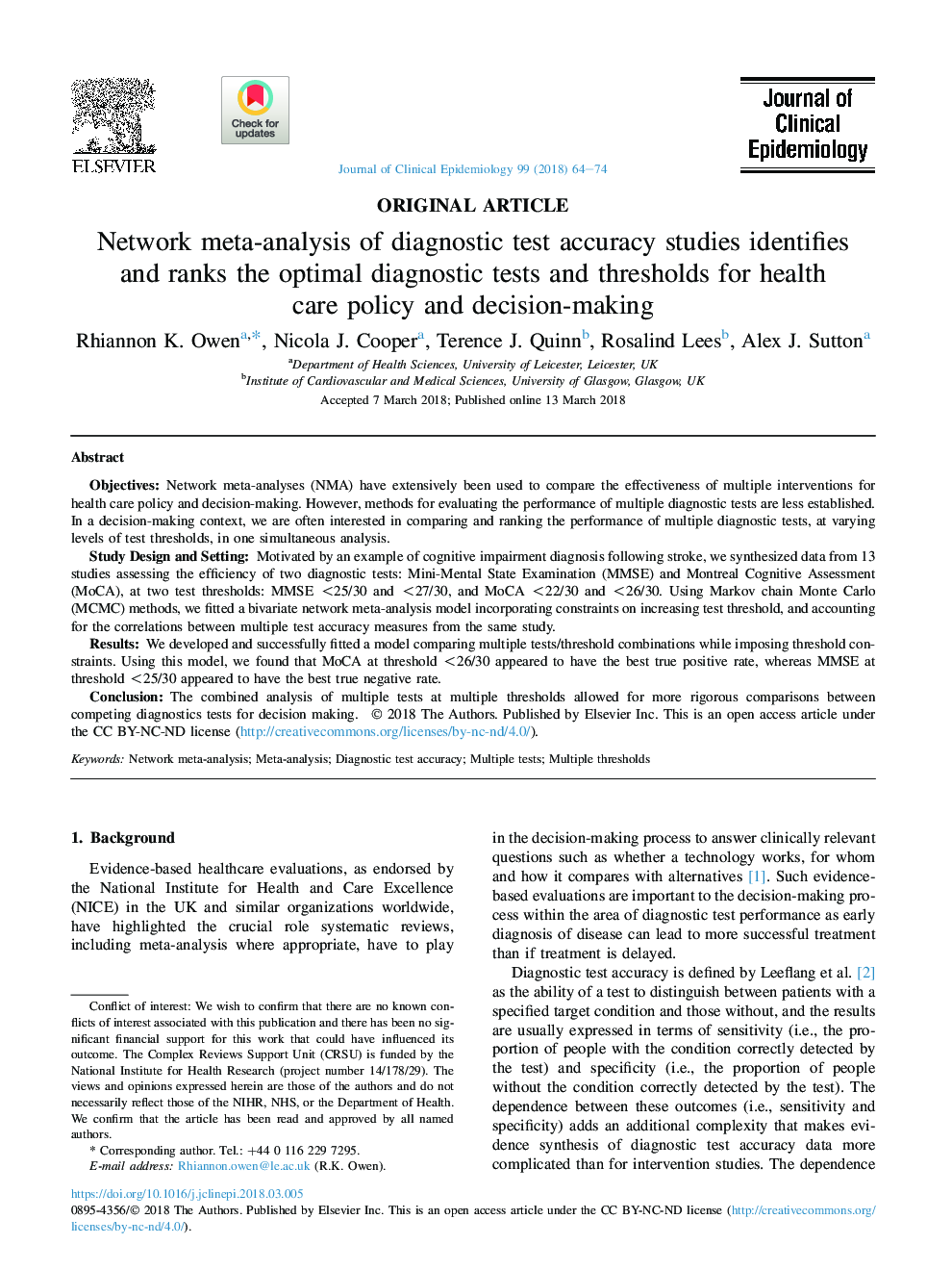 Network meta-analysis of diagnostic test accuracy studies identifies andÂ ranks the optimal diagnostic tests and thresholds for health careÂ policy and decision-making