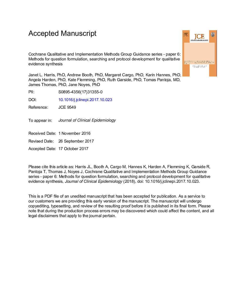 عکس صفحه اول مقاله: Cochrane Qualitative and Implementation Methods Group guidance series-paper 2: methods for question formulation, searching, and protocol development for qualitative evidence synthesis Cochrane Qualitative and Implementation Methods Group guidance series-paper 2: methods for question formulation, searching, and protocol development for qualitative evidence synthesis