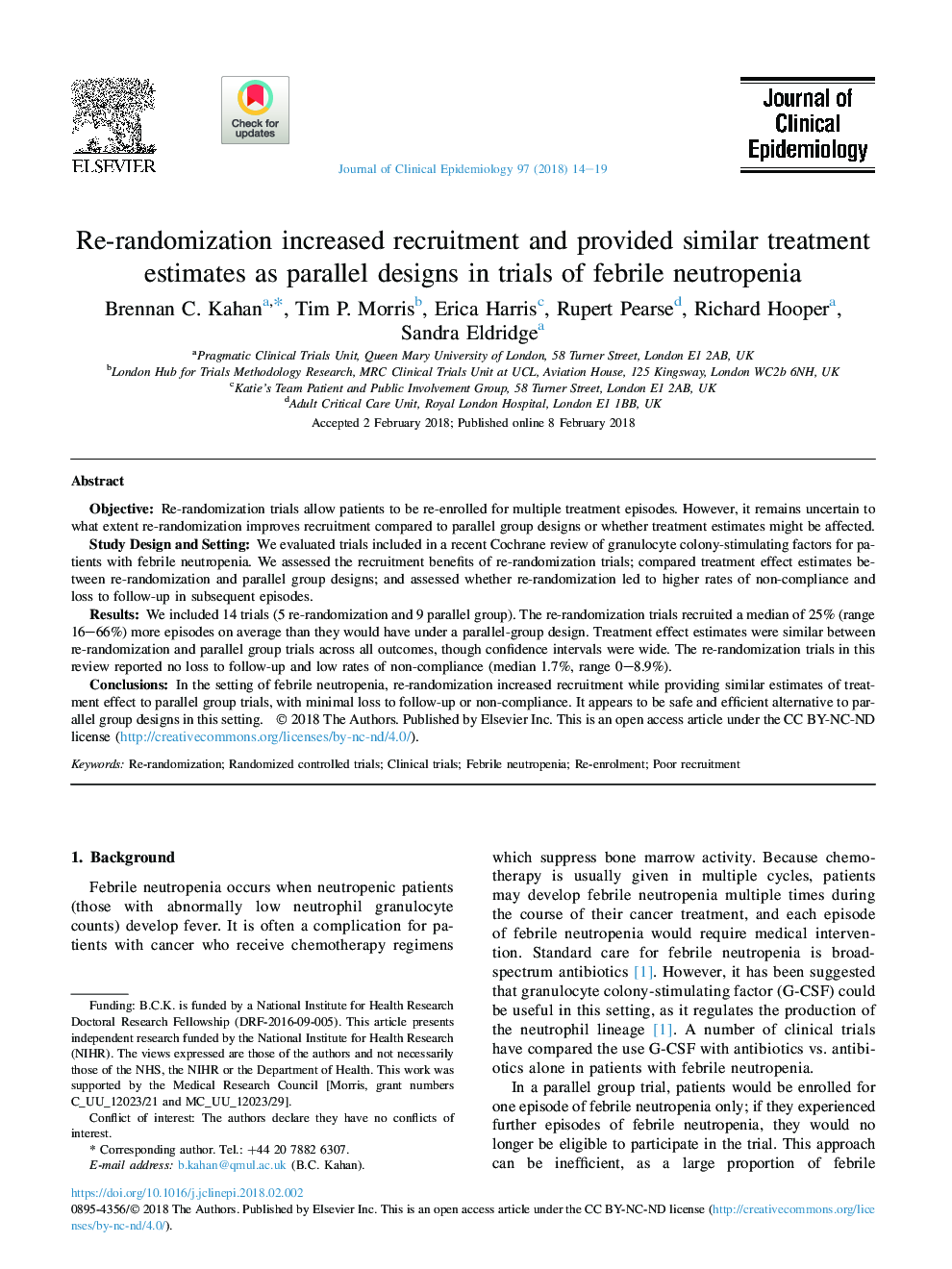 Re-randomization increased recruitment and provided similar treatment estimates as parallel designs in trials of febrile neutropenia