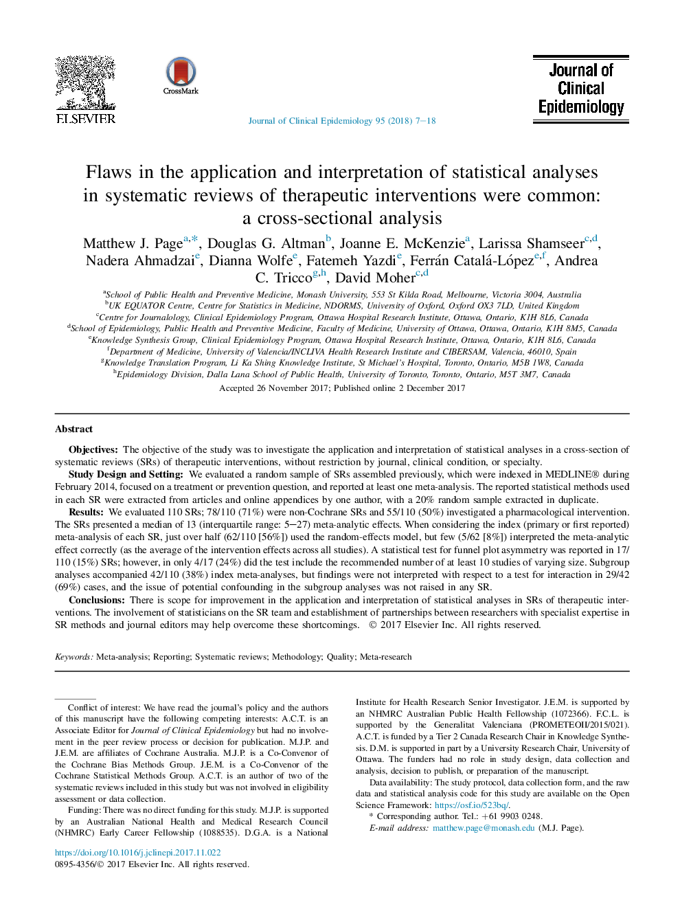 Flaws in the application and interpretation of statistical analyses inÂ systematic reviews of therapeutic interventions were common: aÂ cross-sectional analysis