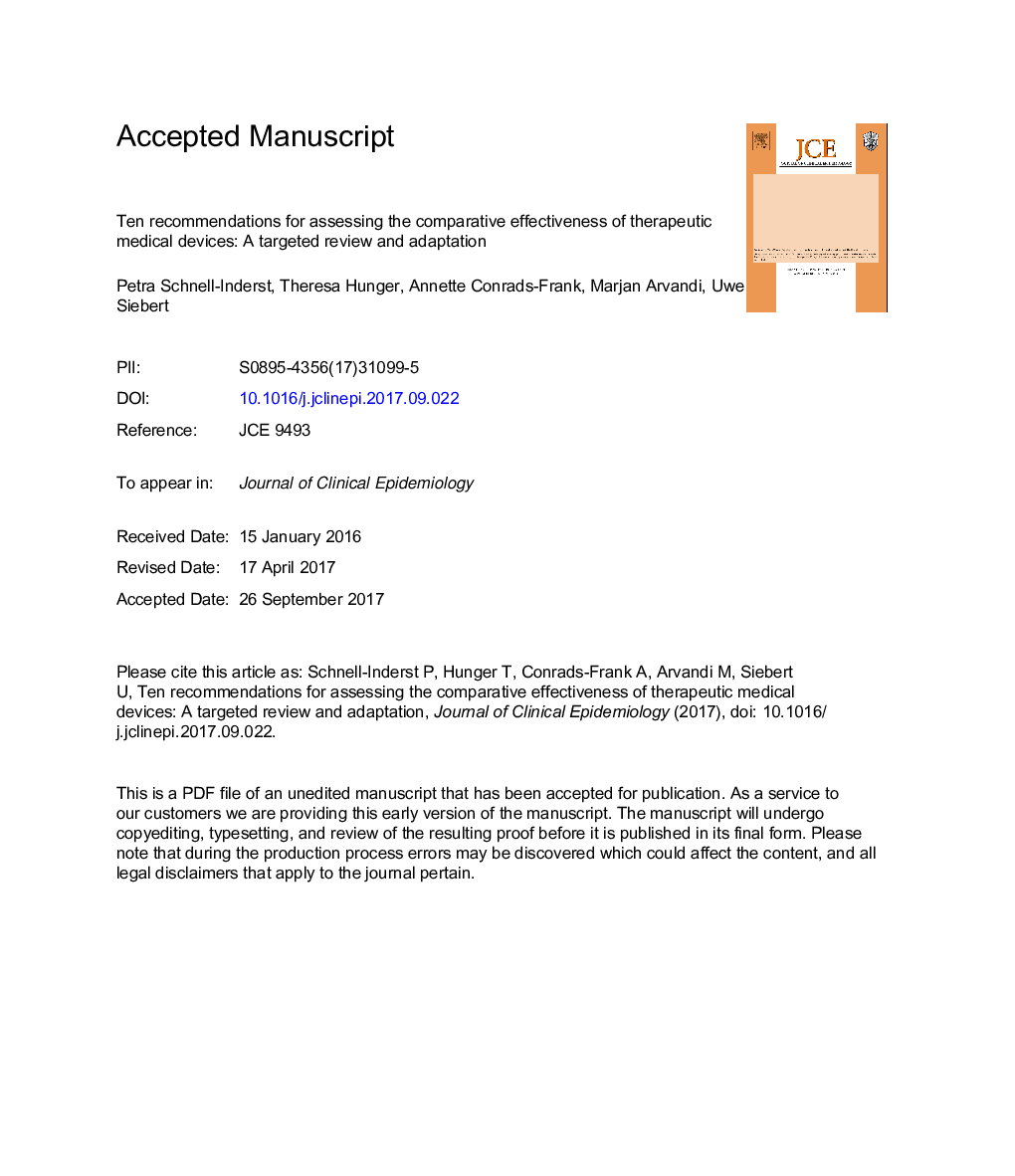 Ten recommendations for assessing the comparative effectiveness of therapeutic medical devices: a targeted review and adaptation