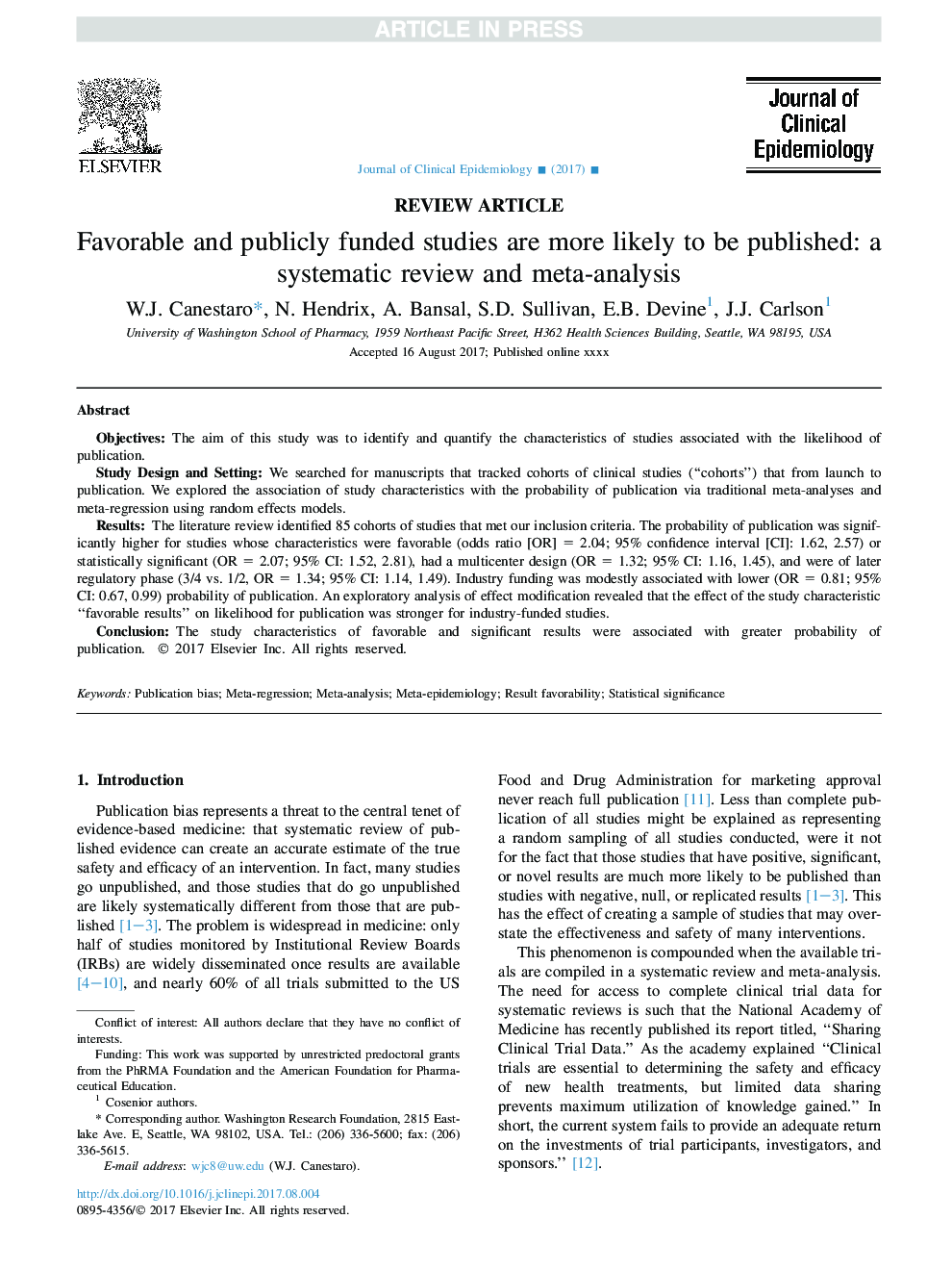 Favorable and publicly funded studies are more likely to be published: a systematic review and meta-analysis