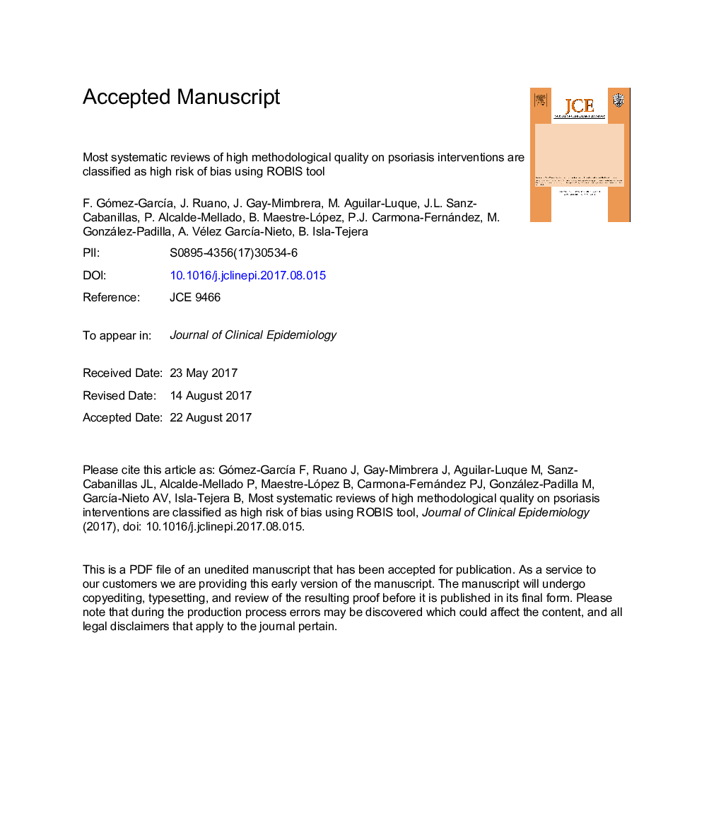 Most systematic reviews of high methodological quality on psoriasis interventions are classified as high risk of bias using ROBIS tool