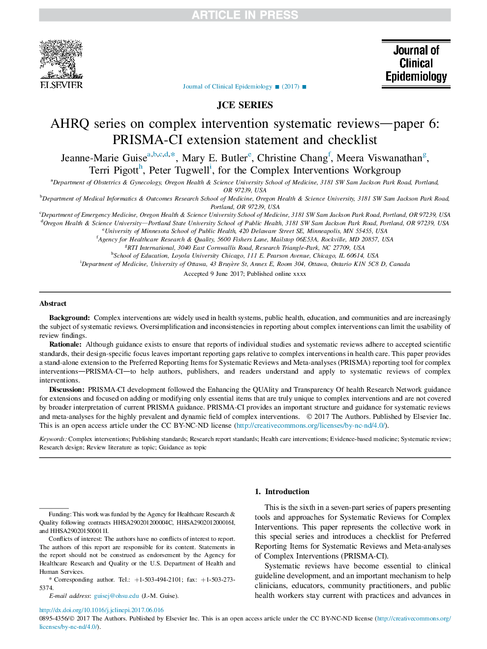 AHRQ series on complex intervention systematic reviews-paper 6: PRISMA-CI extension statement and checklist