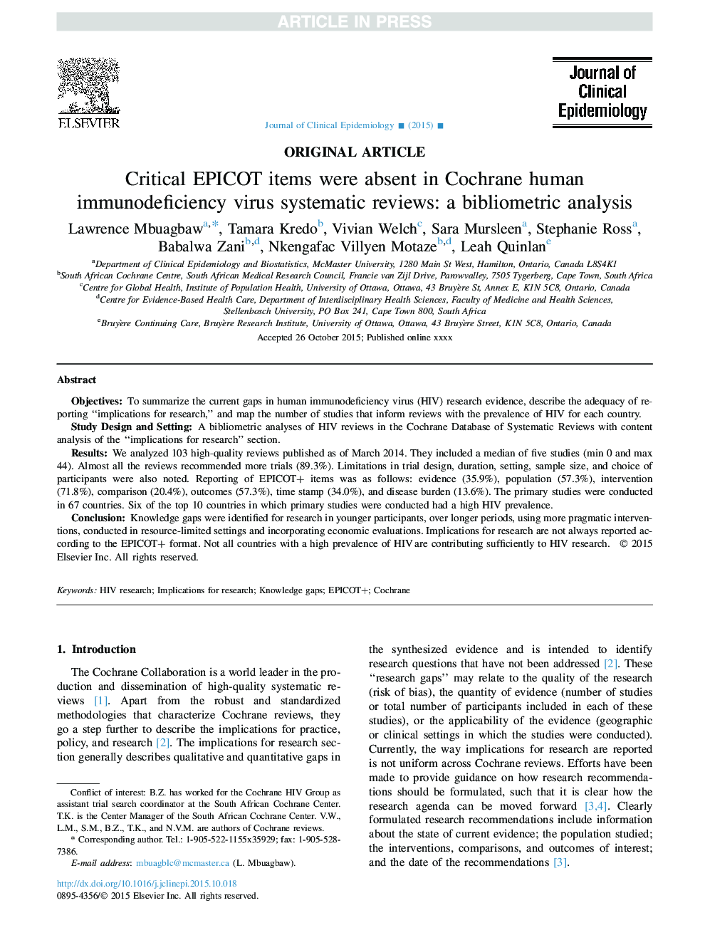 Critical EPICOT items were absent in Cochrane human immunodeficiency virus systematic reviews: a bibliometric analysis