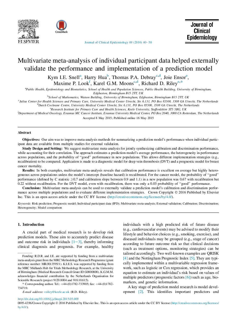 Multivariate meta-analysis of individual participant data helped externally validate the performance and implementation of a prediction model